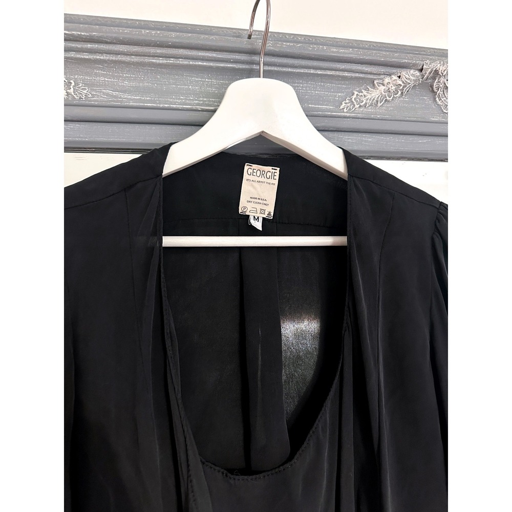 Georgie 100% Silk Black Draped Wrap Front Long Sleeve Lagenlook Blouse Top M - Picture 2 of 6
